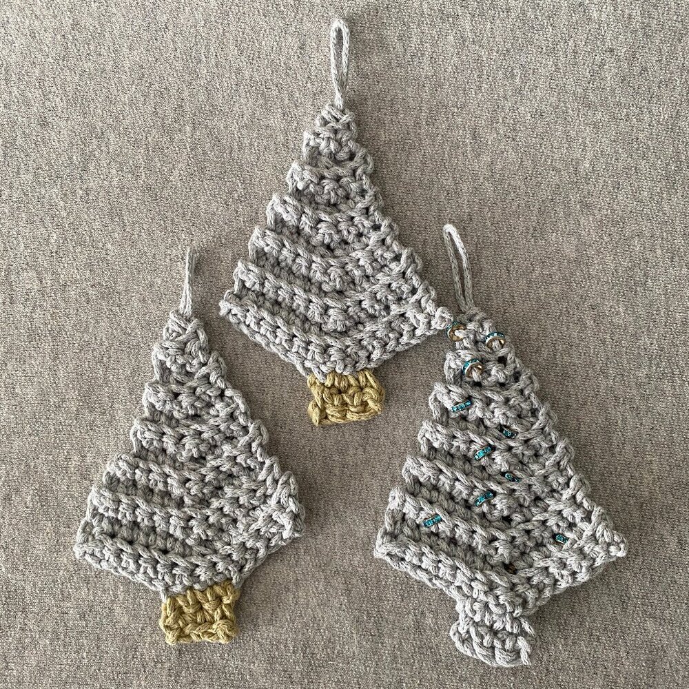 Handmade Crochet Pale Blue/Grey Holiday Christmas Tree Hang Decorations Set of 3
